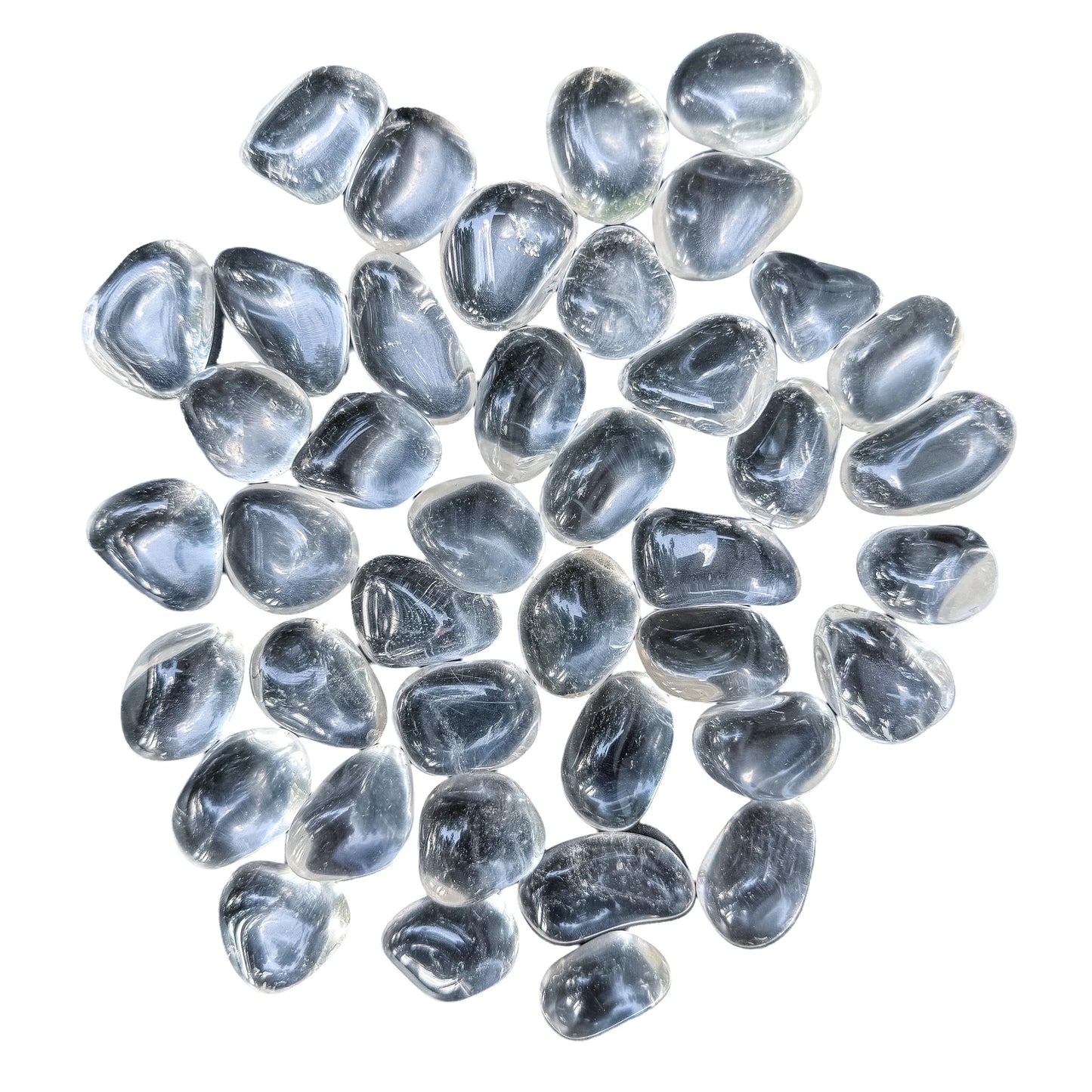 Full scatter of glass-clear Quartz tumbled stones, AAA grade, 1 to 1.5 inch, from Minas Gerais, Brazil