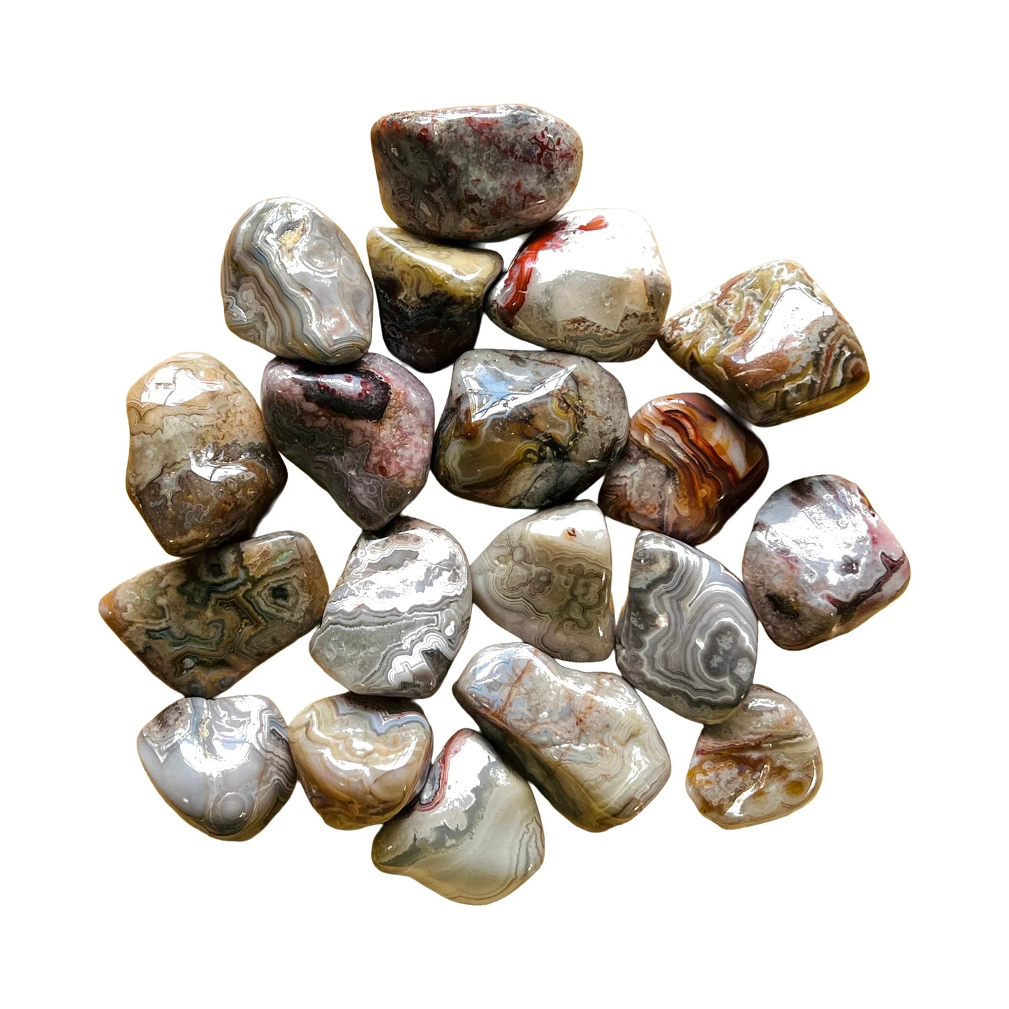 Crazy Lace Agate tumbled stones, A grade, Mexico origin, hero view.