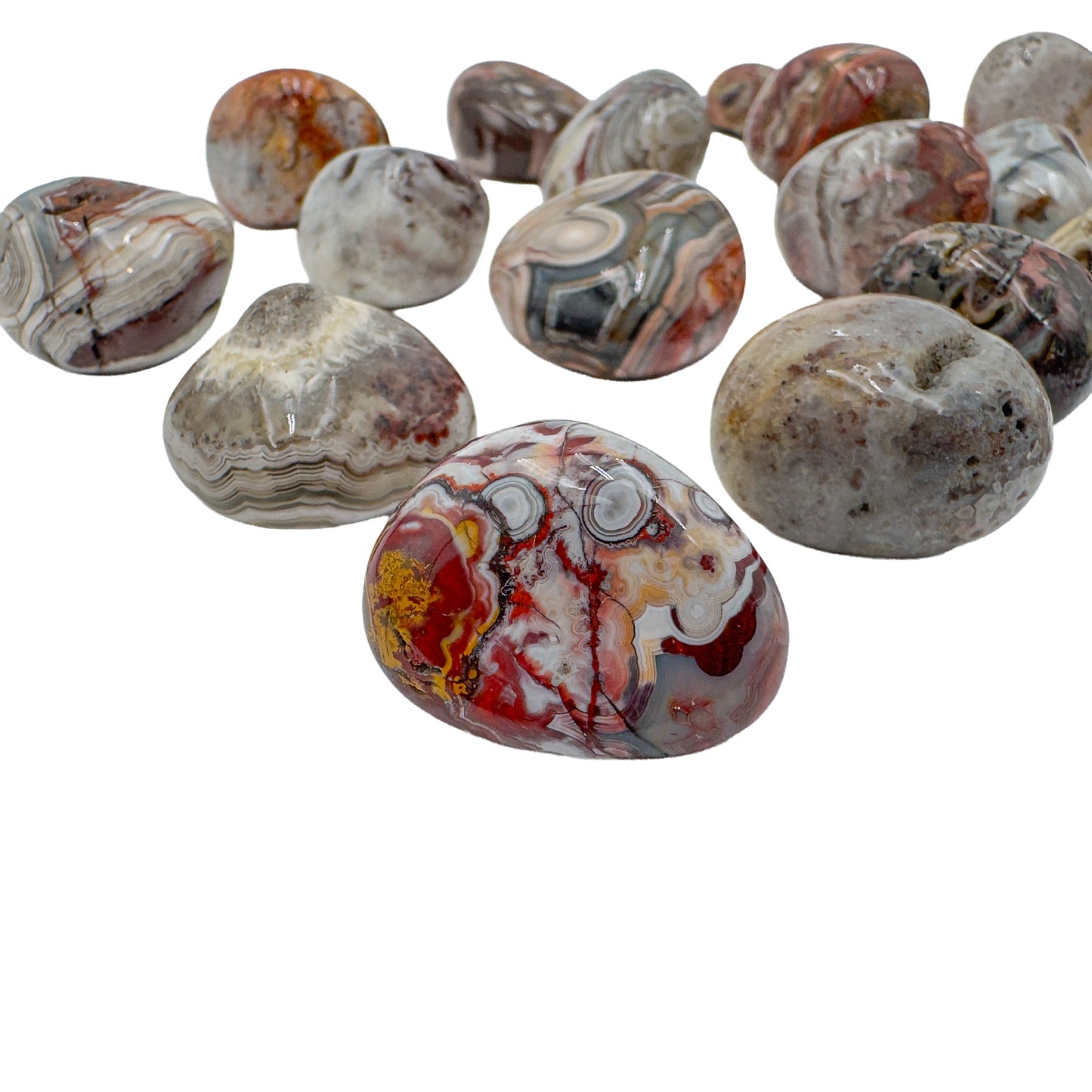 Crazy lace agate hand polished stones with swirling chalcedony banding, Chihuahua, Mexico