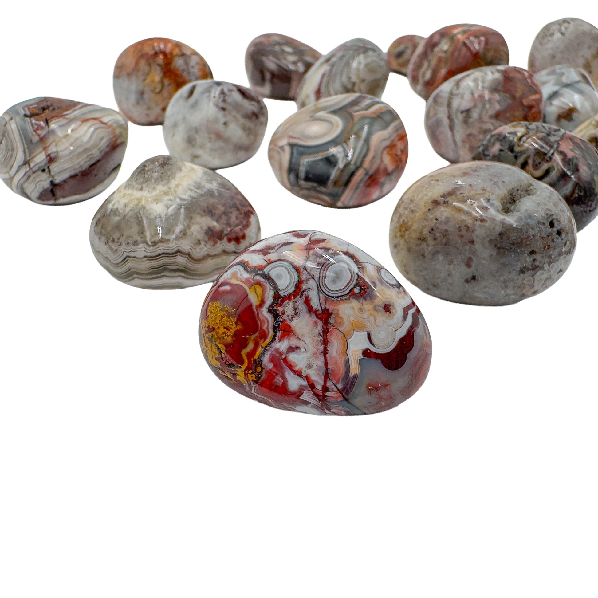 Crazy lace agate hand polished stones with swirling chalcedony banding, Chihuahua, Mexico