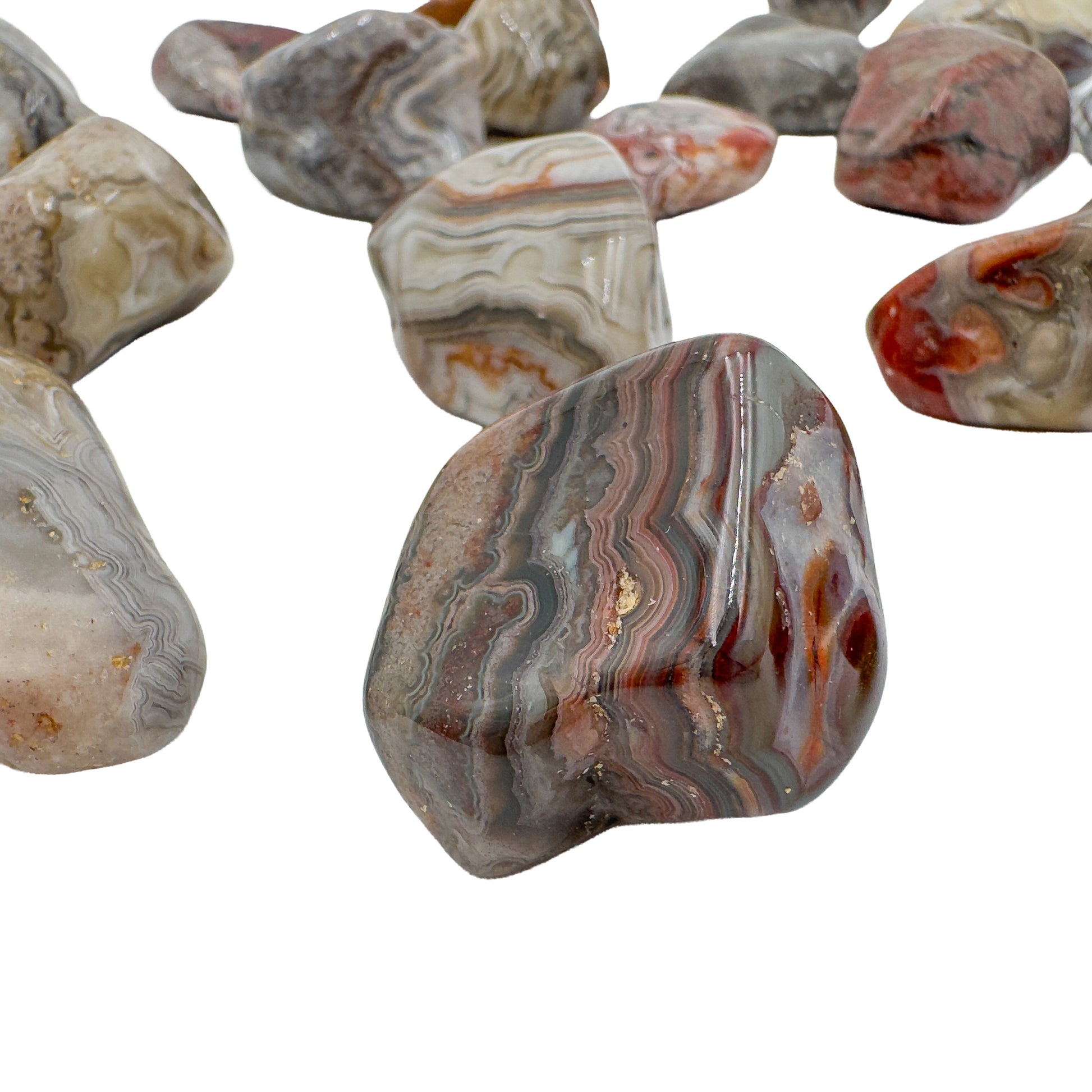 Crazy lace agate tumbled stones with swirling chalcedony banding, Chihuahua, Mexico