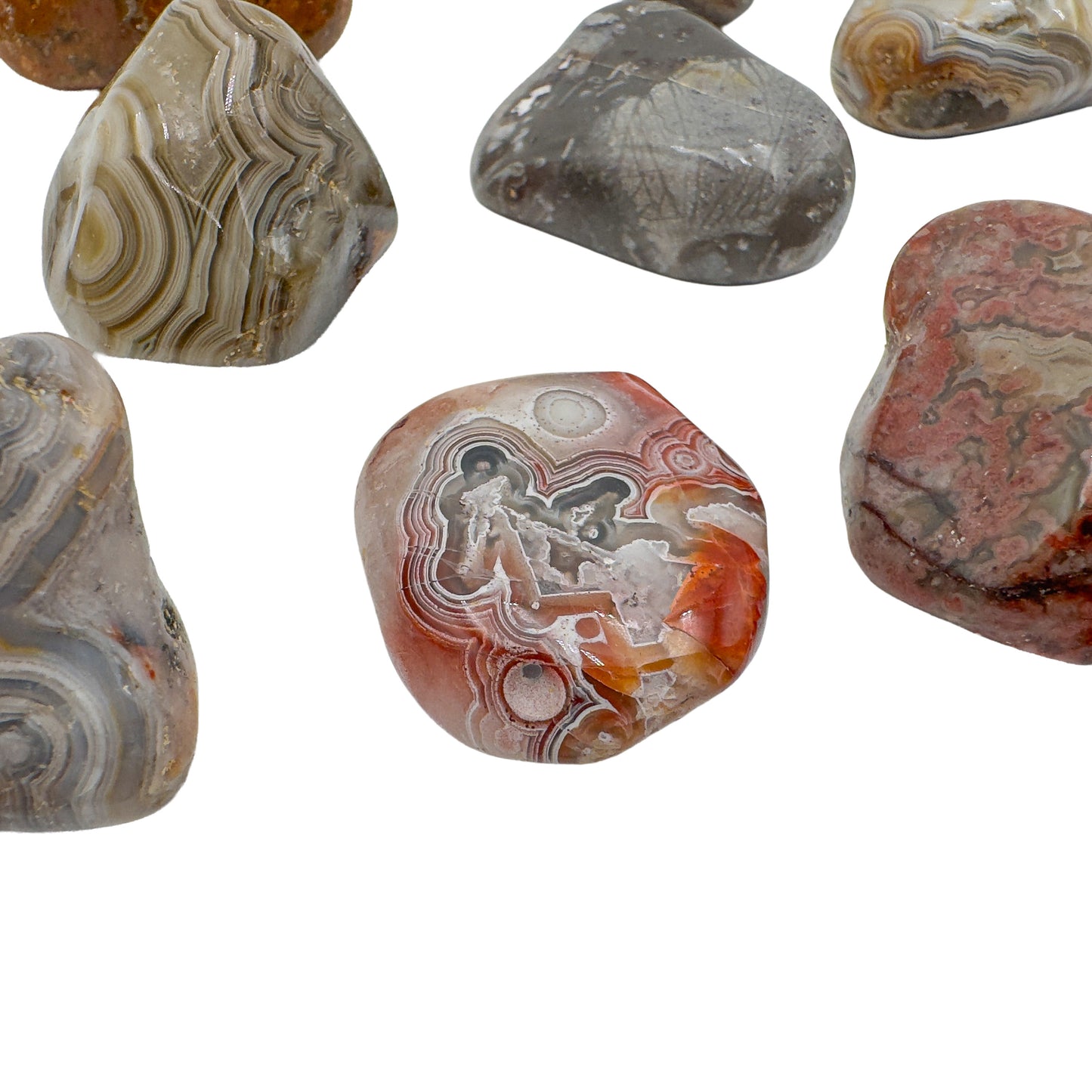 Crazy lace agate tumbled stones at 1 to 2 inches from Chihuahua, Mexico