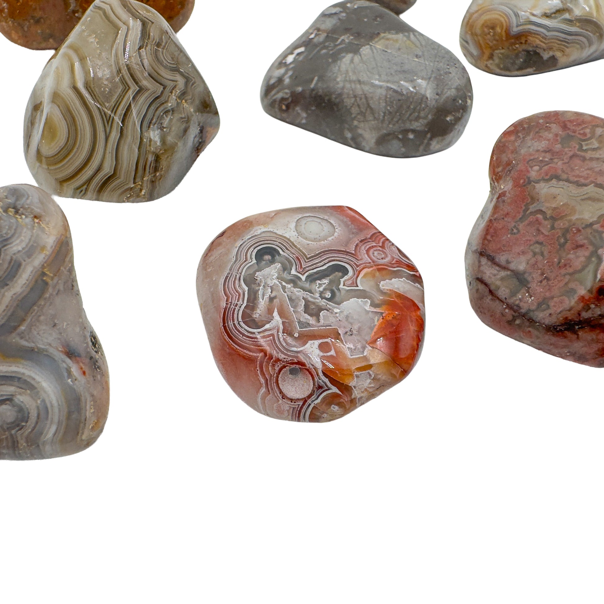 Crazy lace agate tumbled stones at 1 to 2 inches from Chihuahua, Mexico