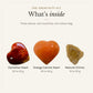 What's inside The Creativity Kit: carnelian heart 20 to 50 g, orange calcite heart 20 to 50 g, natural citrine 10 to 30 g, drawn in true proportion to each other