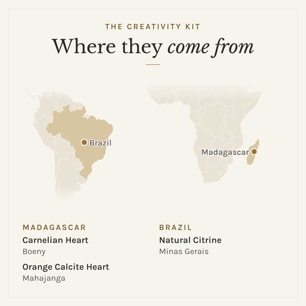 Map of where the stones in The Creativity Kit come from: Madagascar (carnelian heart and orange calcite heart) and Brazil (natural citrine)