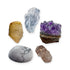 Crown Chakra Crystal Kit: clear quartz, amethyst cluster, lithium quartz point, howlite and rutilated quartz, shown together on white
