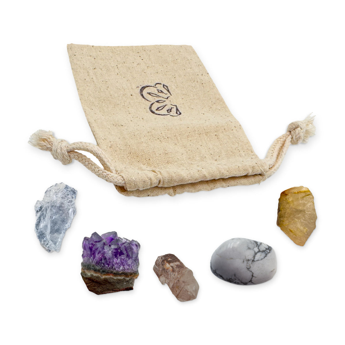 Crown Chakra Crystal Kit: clear quartz, amethyst cluster, lithium quartz point, howlite and rutilated quartz, arranged with the reusable cotton bag they come in, on white