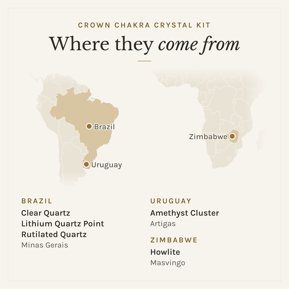 Map of where the stones in the Crown Chakra Crystal Kit come from: Brazil (clear quartz, lithium quartz point and rutilated quartz), Uruguay (amethyst cluster) and Zimbabwe (howlite)