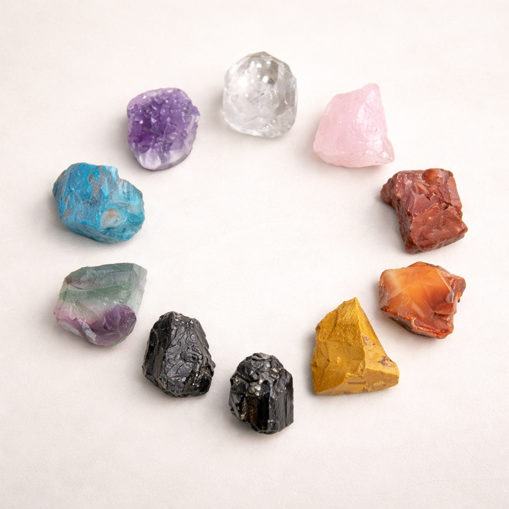 Beyond Bohemian gift card with ethically sourced crystal collection display