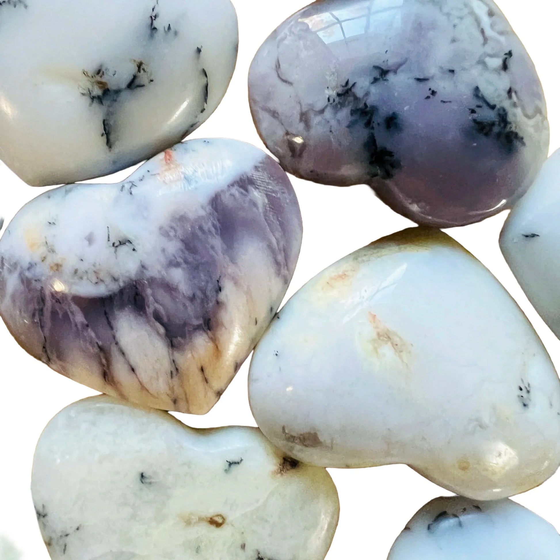 Side profile of Dendritic Opal polished heart, showing subtle veining, linked to Grounding and Manifestation.