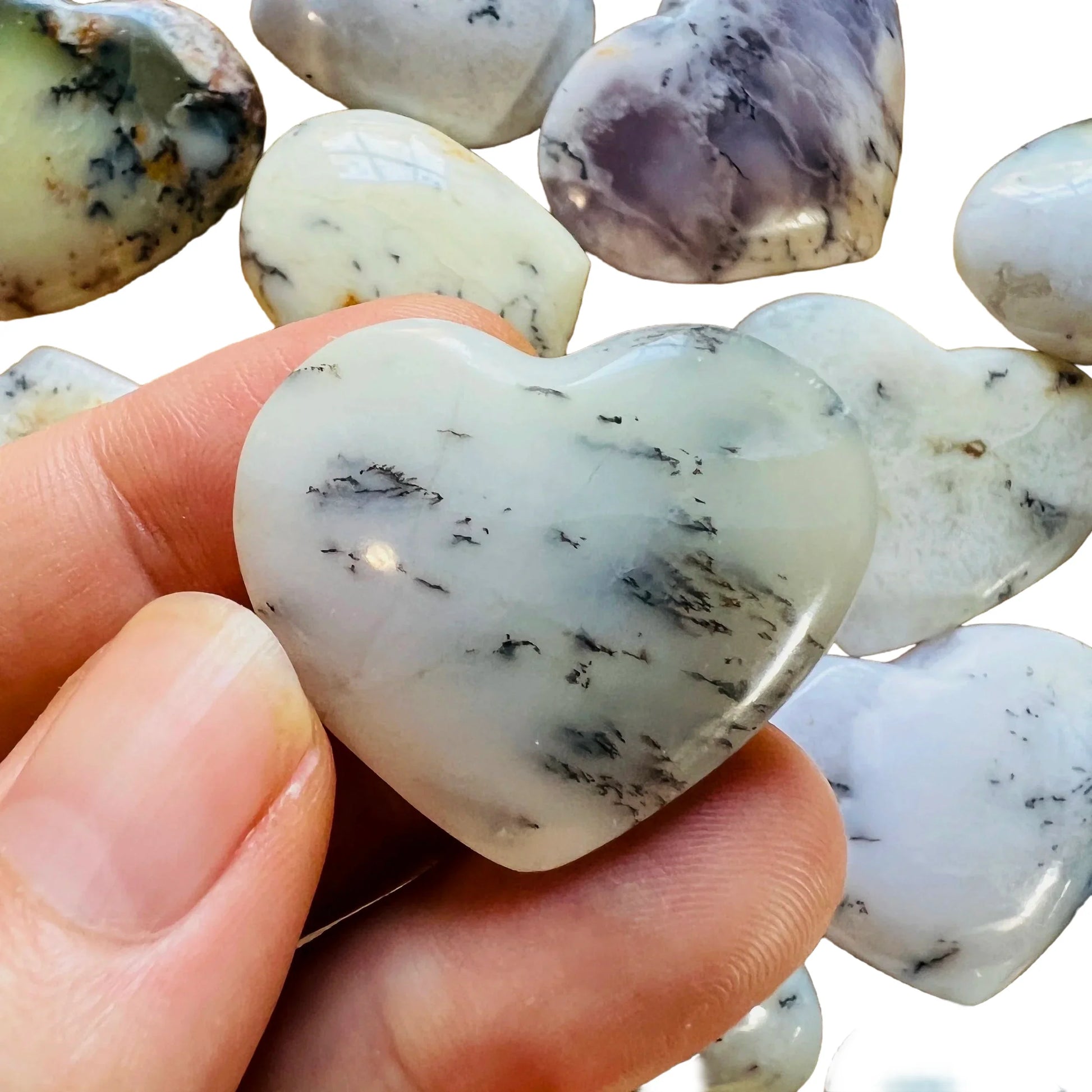 Tabletop view of Dendritic Opal stone, shown for size reference.
