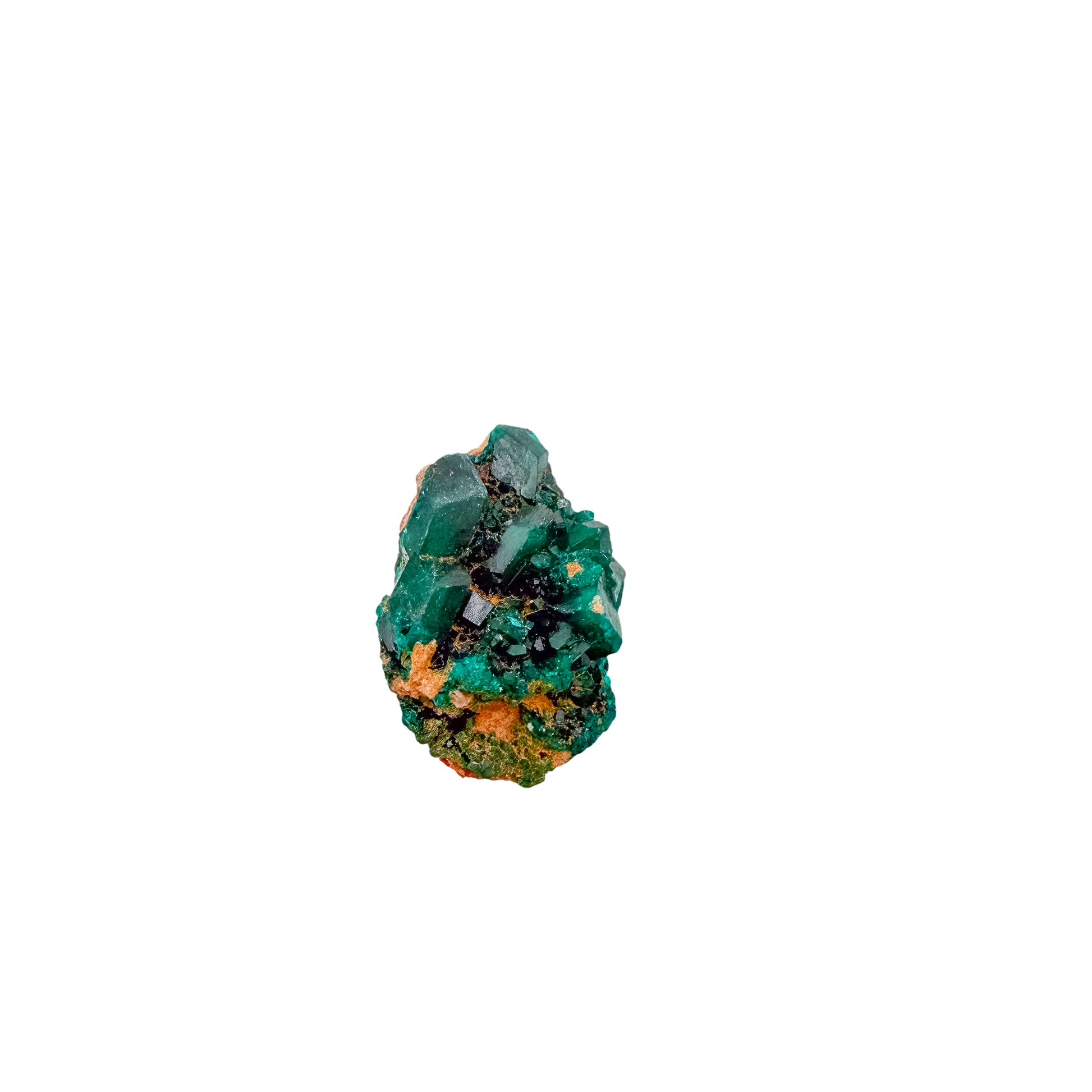 Raw Congolese dioptase, 15.6 g, copper-green crystal over host rock, the emerald-green druzy
