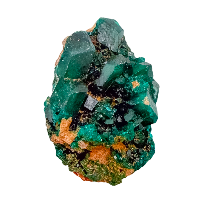 Raw Congolese dioptase, 15.6 g, copper-green crystal over host rock, the emerald-green druzy