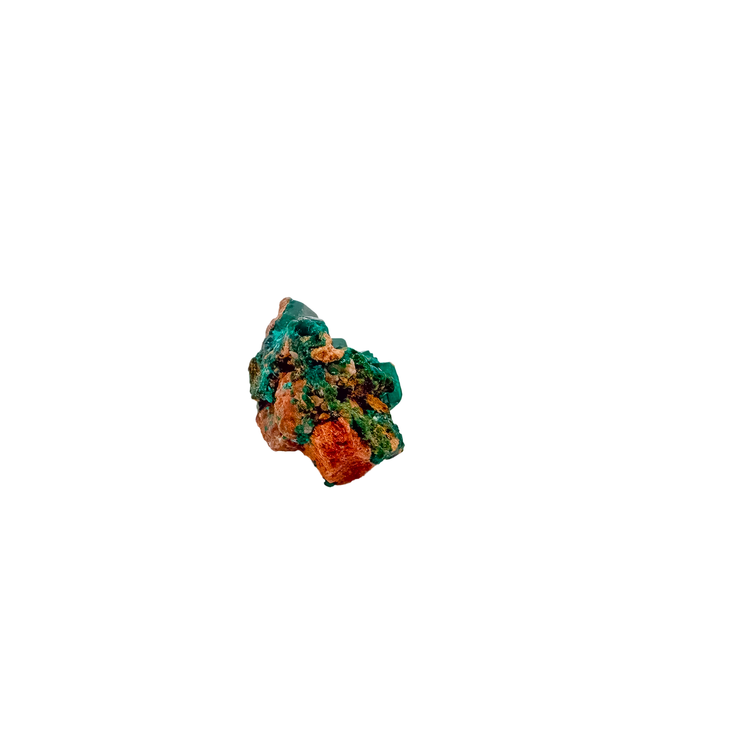 Angled view of the emerald-green druzy, copper-green over oxidized ore, 15.6 g