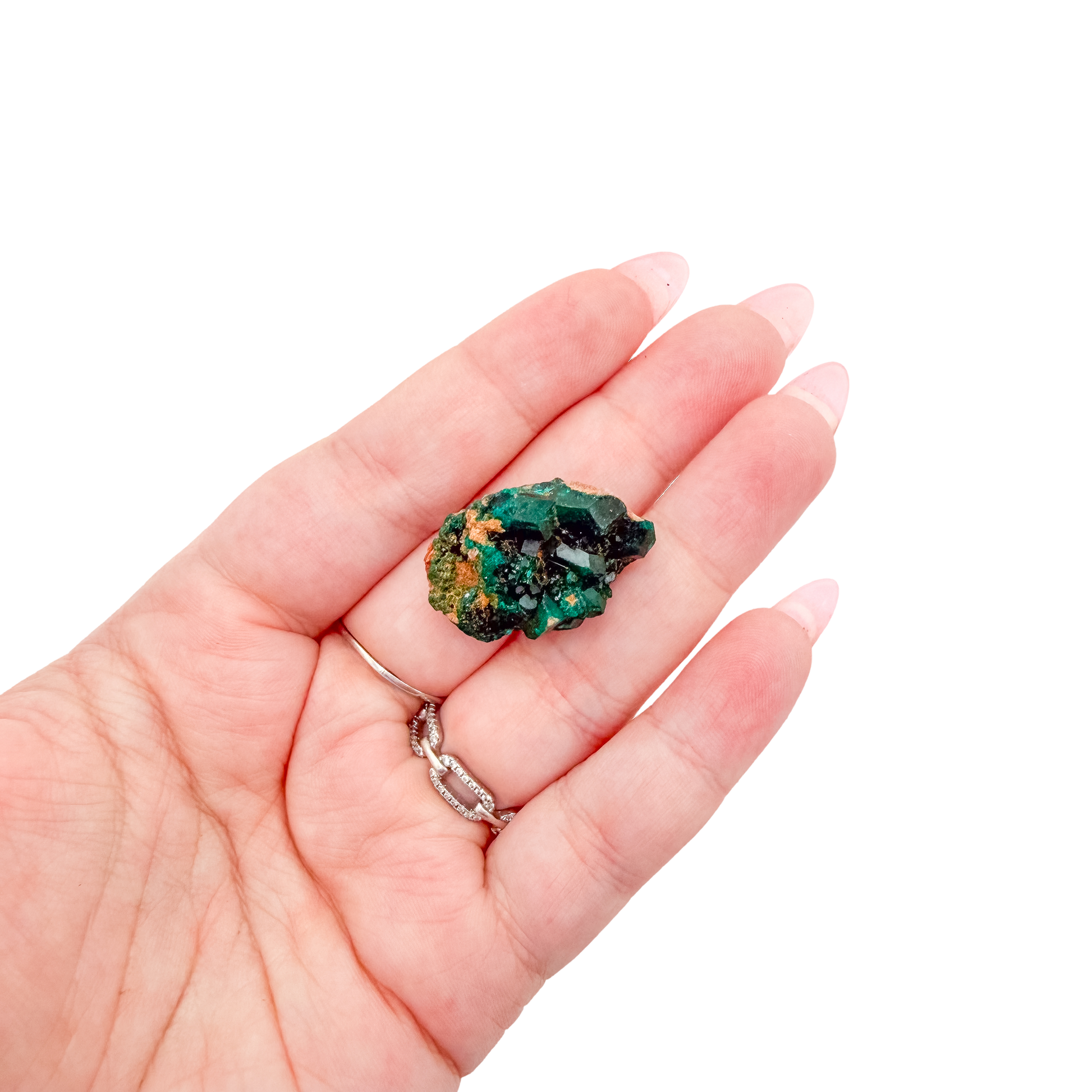 A 15.6 g dioptase, the emerald-green druzy, resting in an open palm for size