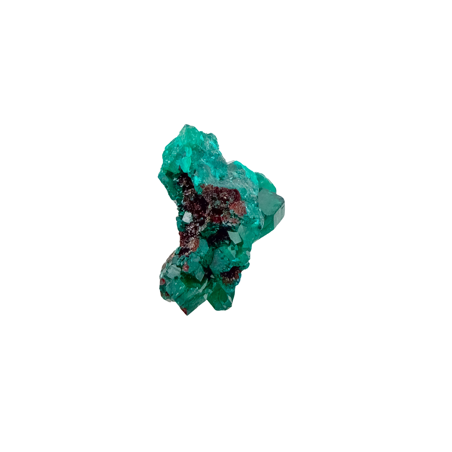 Dioptase crystals from a second side, the fine green crust at 9.8 g