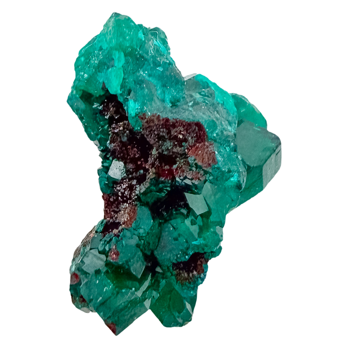 Dioptase crystals from a second side, the fine green crust at 9.8 g