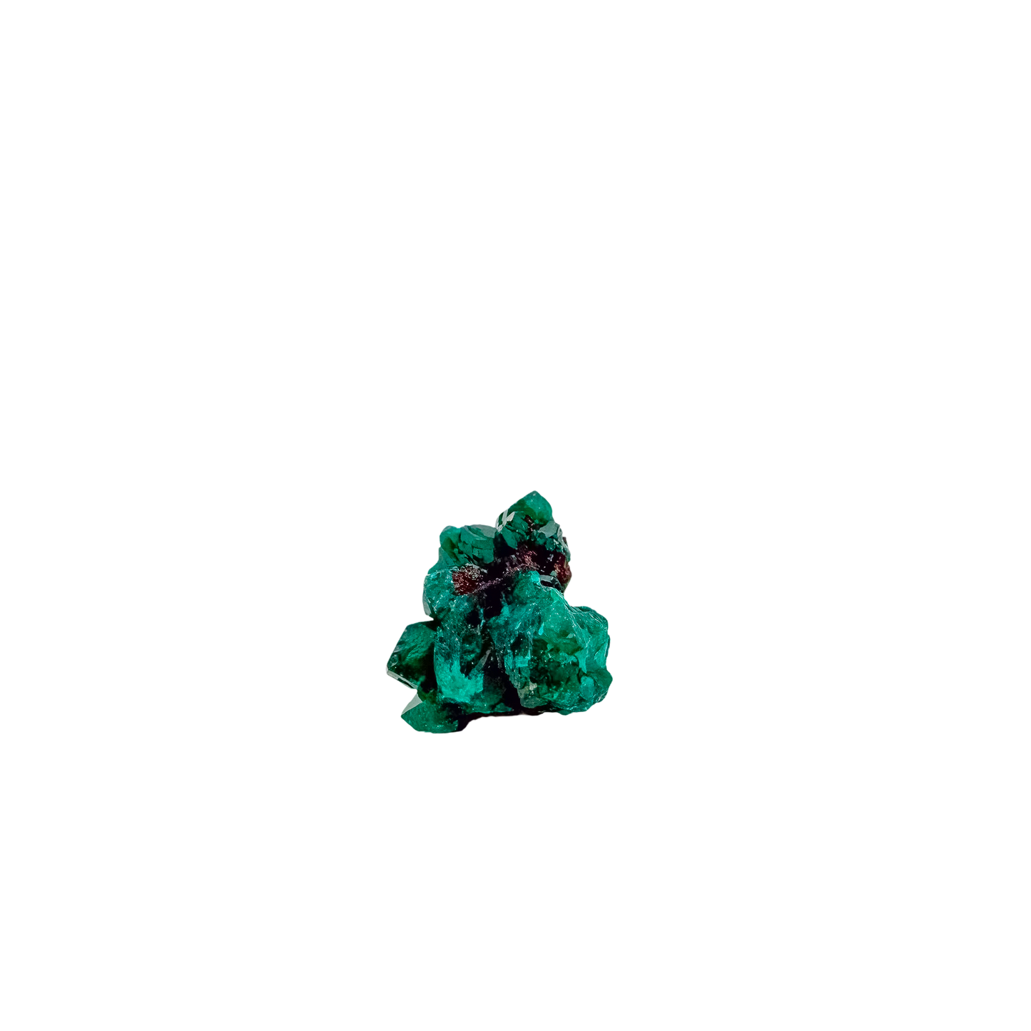 Dioptase specimen of 9.8 g from Renéville, its fine green crust shown on white