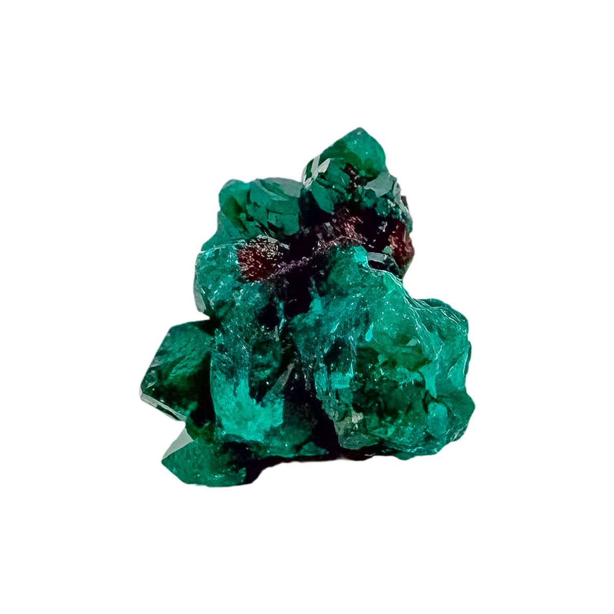 Dioptase specimen of 9.8 g from Renéville, its fine green crust shown on white