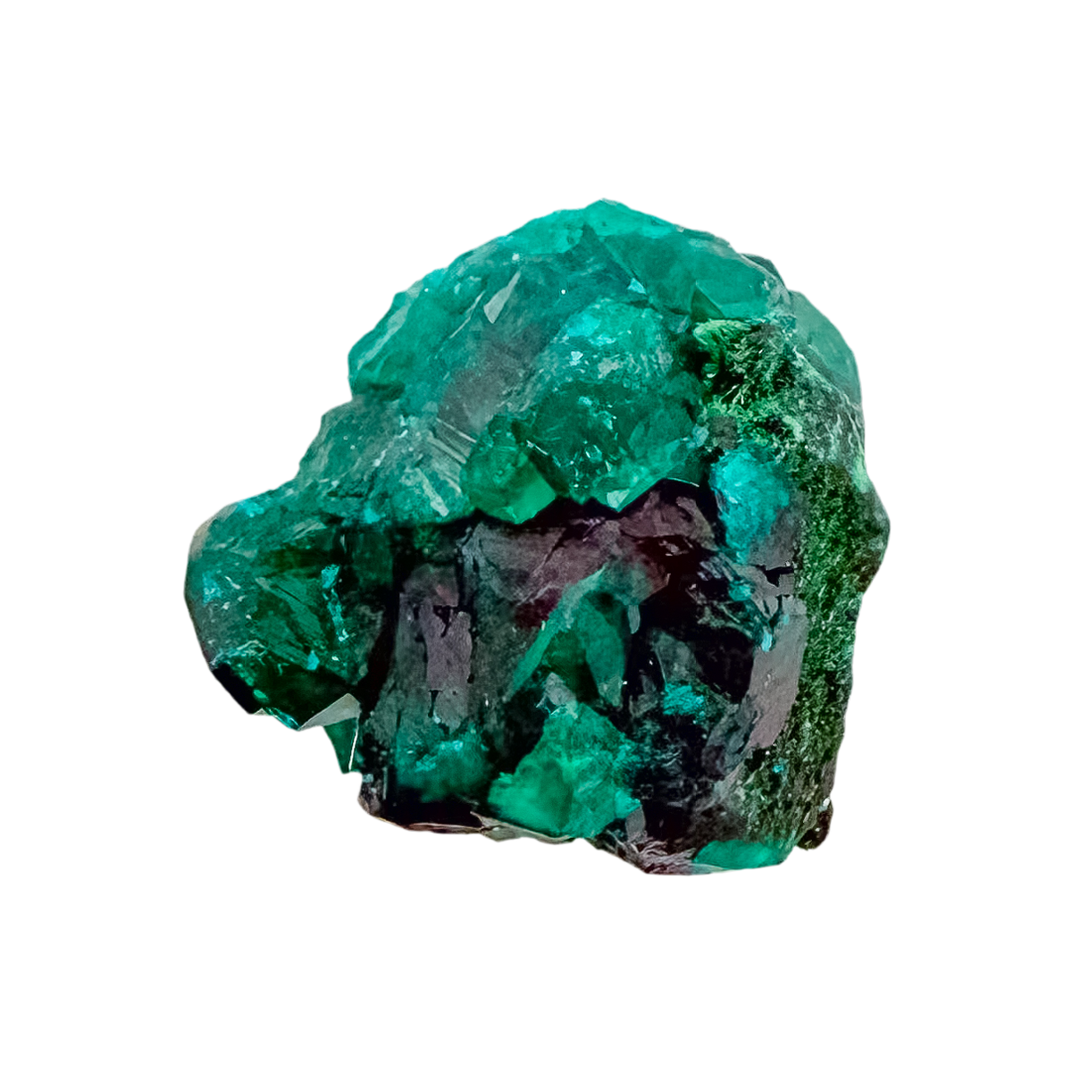 Emerald-green dioptase crystals crusting a 1.49 inch matrix, the elongated matrix from Renéville Congo
