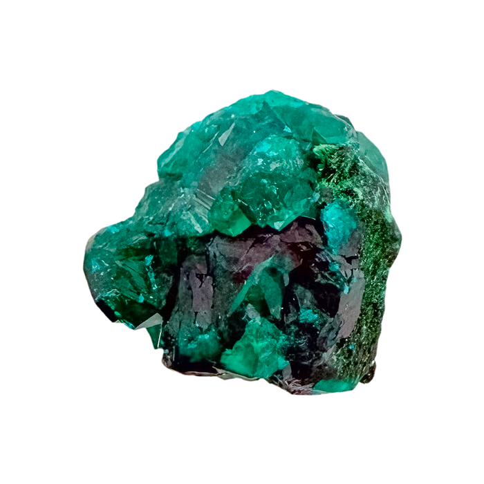 Emerald-green dioptase crystals crusting a 1.49 inch matrix, the elongated matrix from Renéville Congo