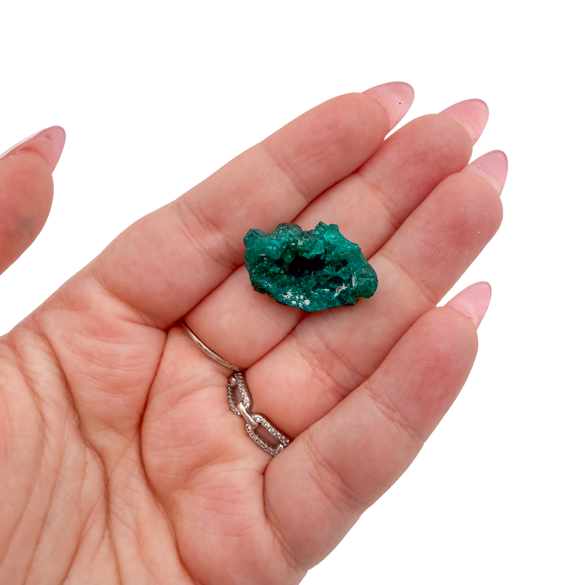 A 13.3 g dioptase, the wide flat plate, resting in an open palm for size