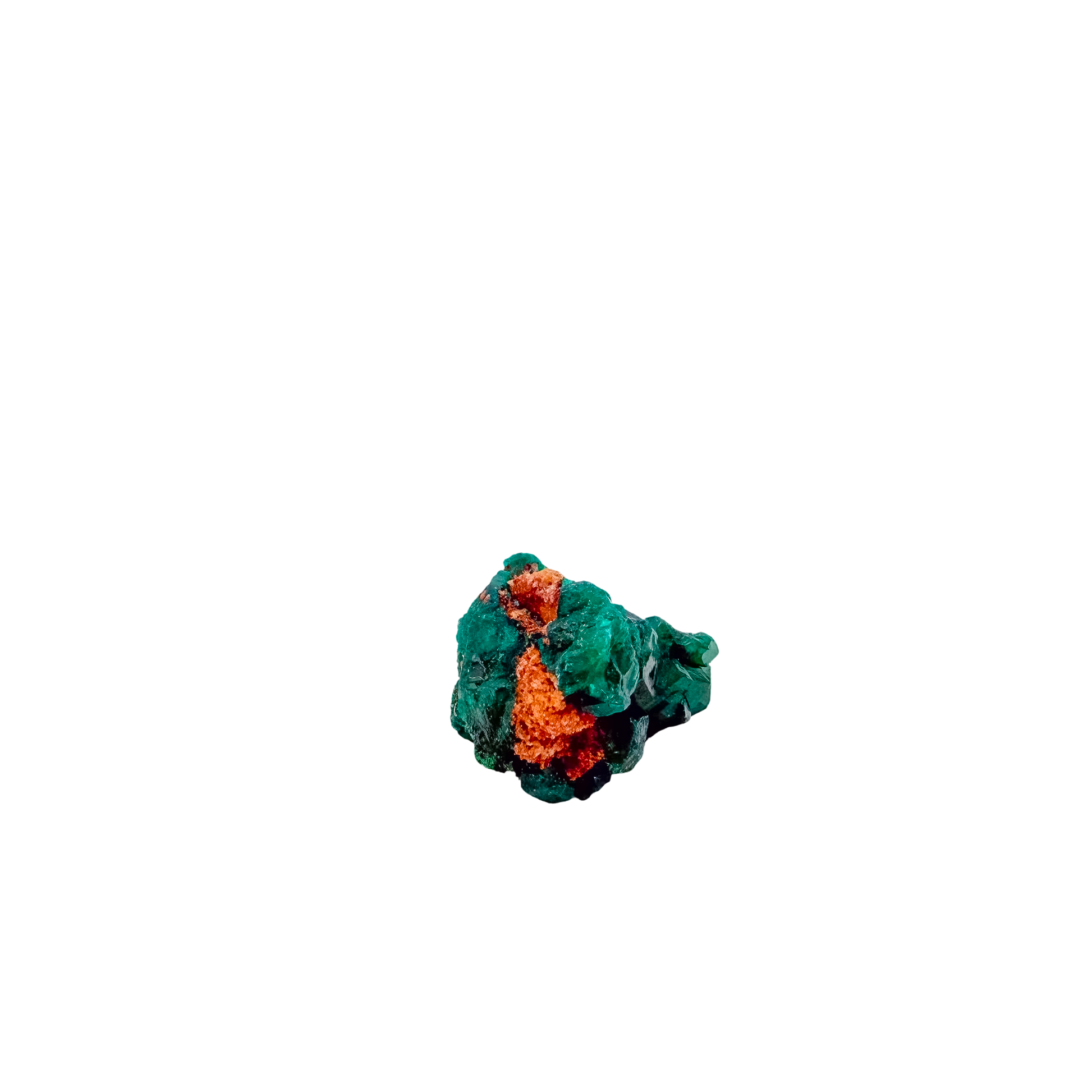 Underside of the cabinet-grade piece, a 17.7 g Congolese dioptase