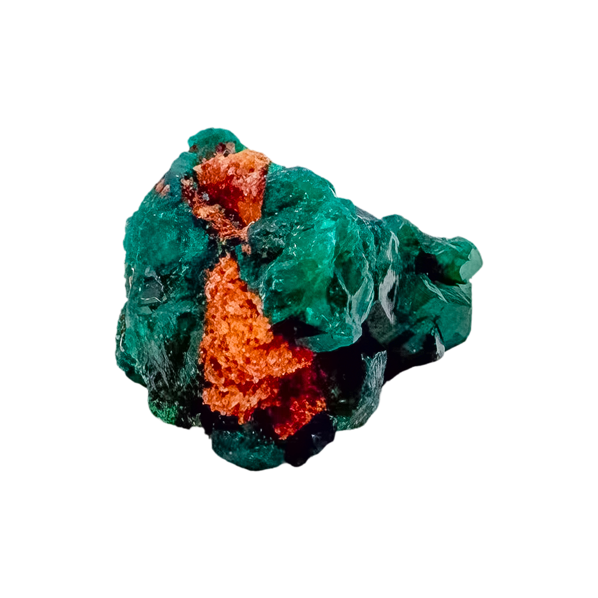 Underside of the cabinet-grade piece, a 17.7 g Congolese dioptase