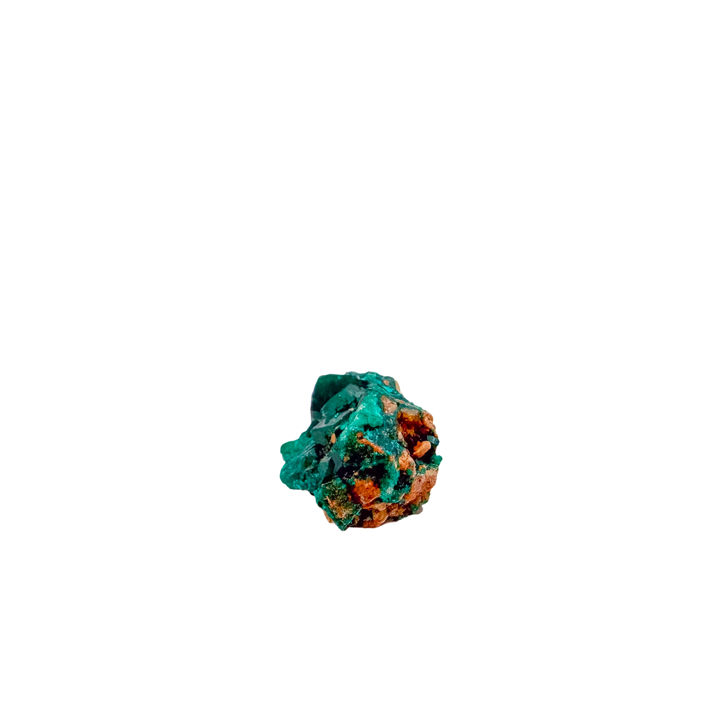 Dioptase crystals from a second side, the deep teal cluster at 14.6 g
