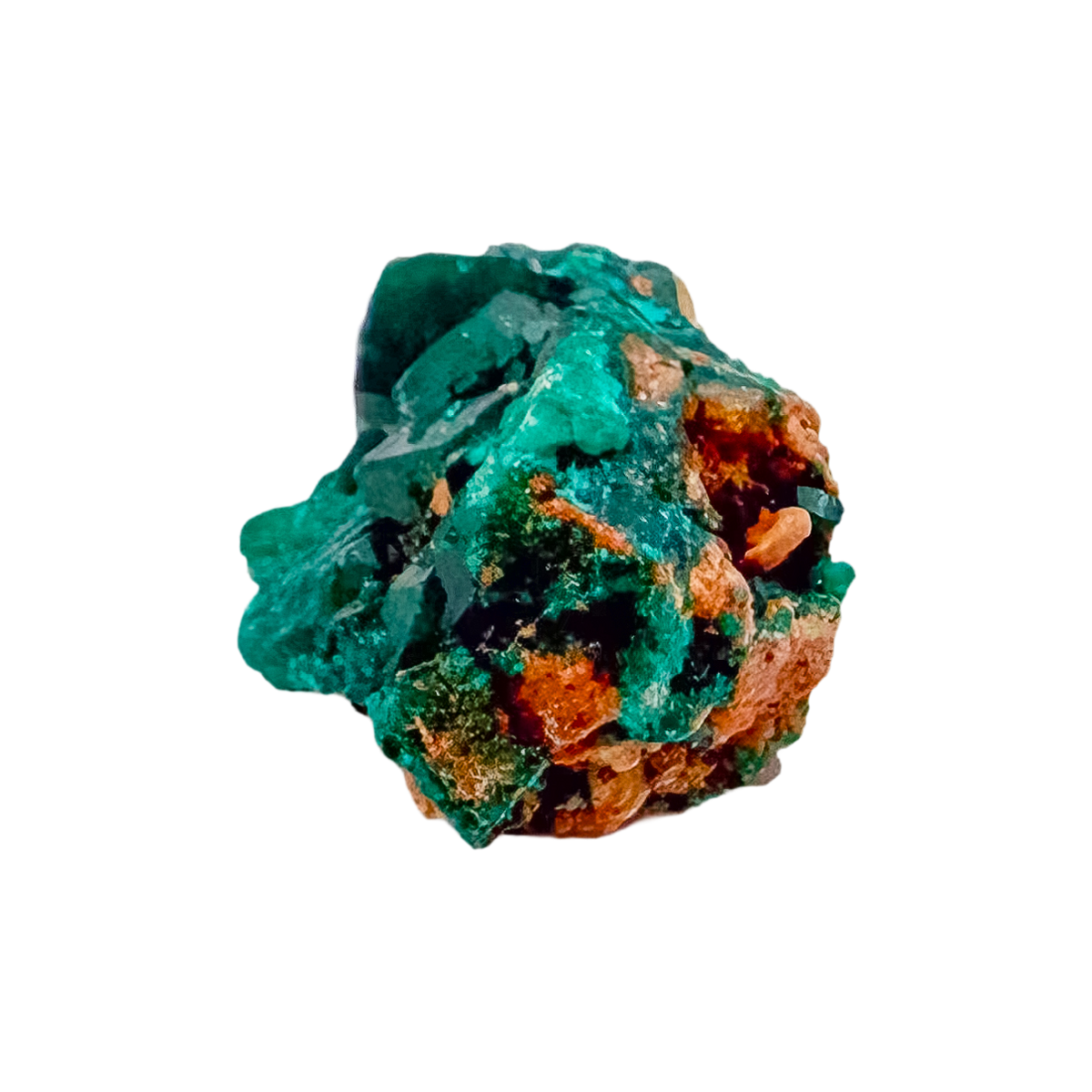 Dioptase crystals from a second side, the deep teal cluster at 14.6 g