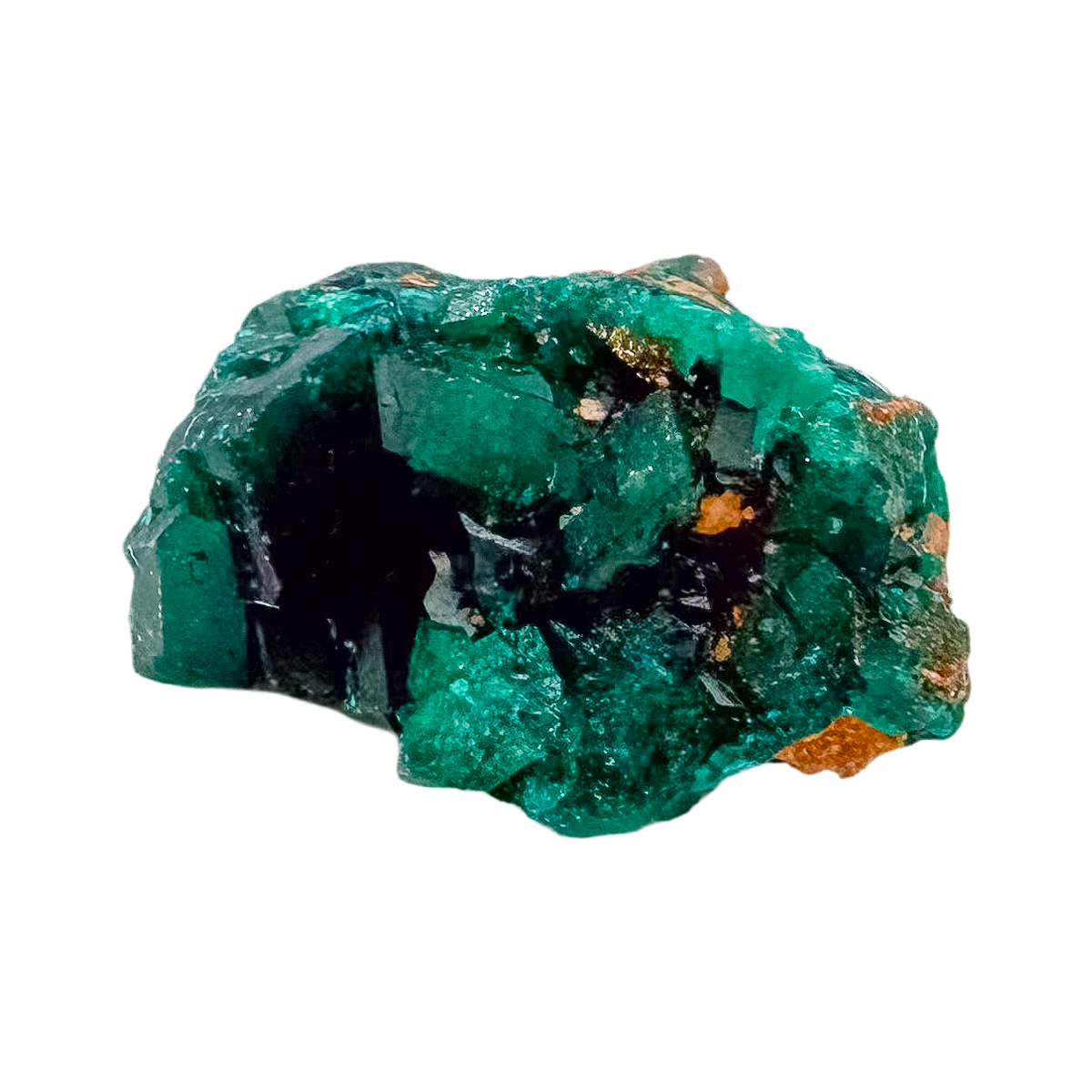 Dioptase specimen of 14.6 g from Renéville, its deep teal cluster shown on white