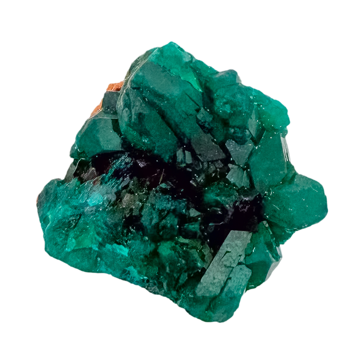 Collector dioptase thumbnail 1.52 by 0.83 inches, the long crystal seam, Republic of the Congo