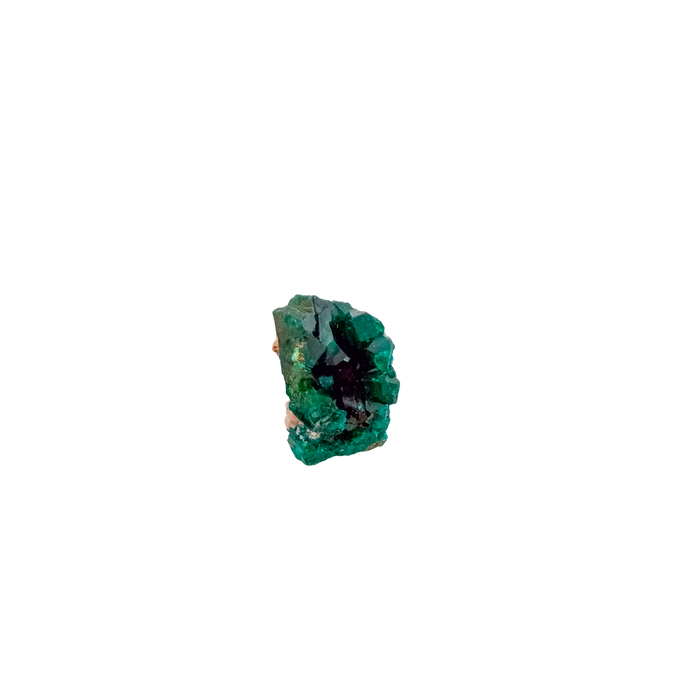 Dioptase specimen of 11.4 g from Renéville, its upright nodule shown on white