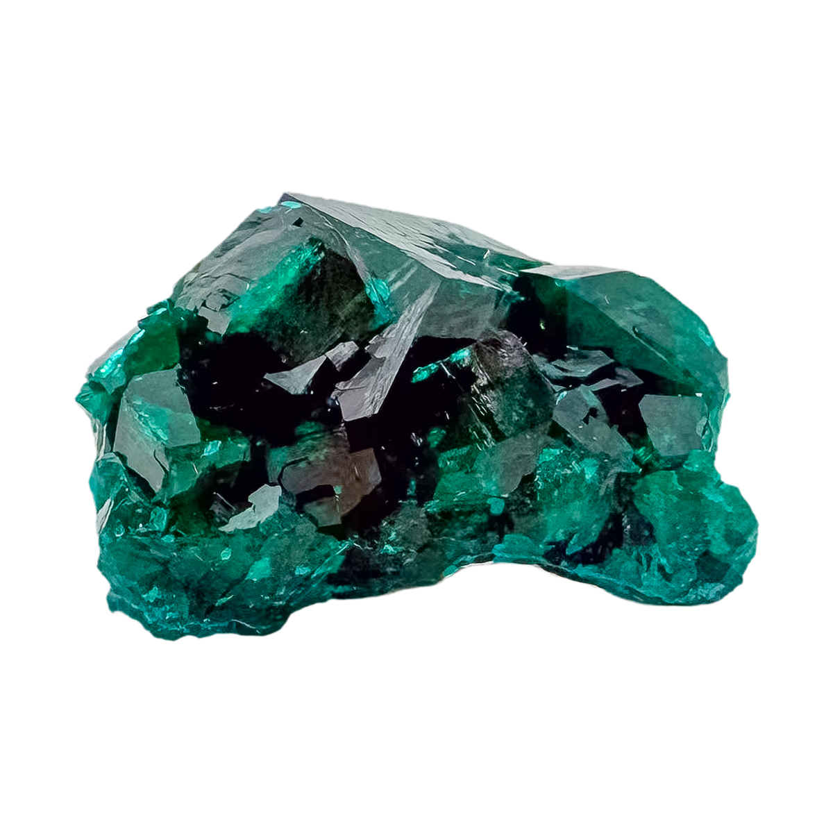Side elevation of the rounded green cluster, matrix beneath a 10.4 g crystal layer