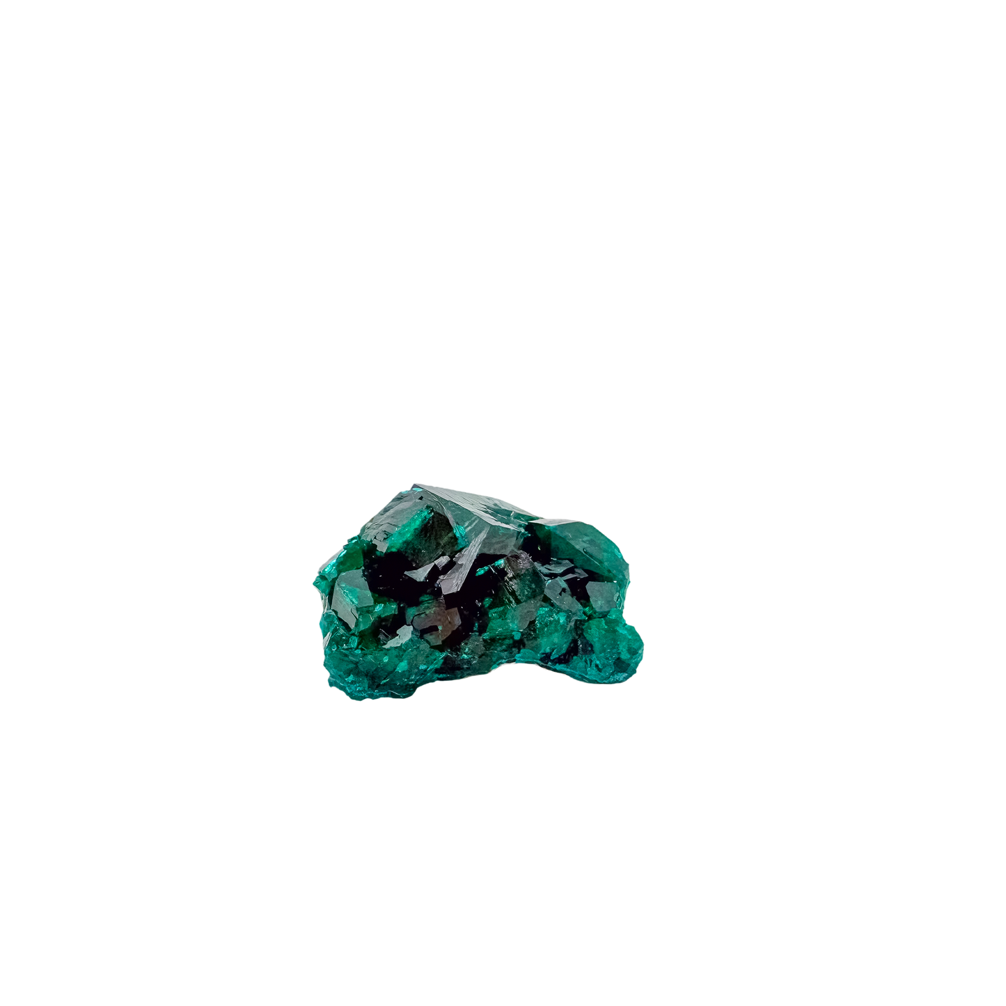 Side elevation of the rounded green cluster, matrix beneath a 10.4 g crystal layer
