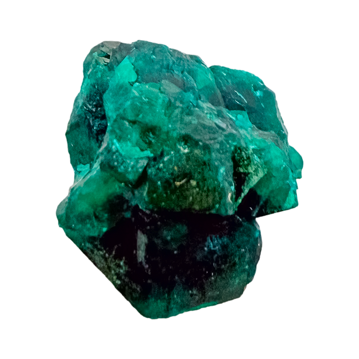 Dioptase crystals from a second side, the glassy green face at 8.1 g