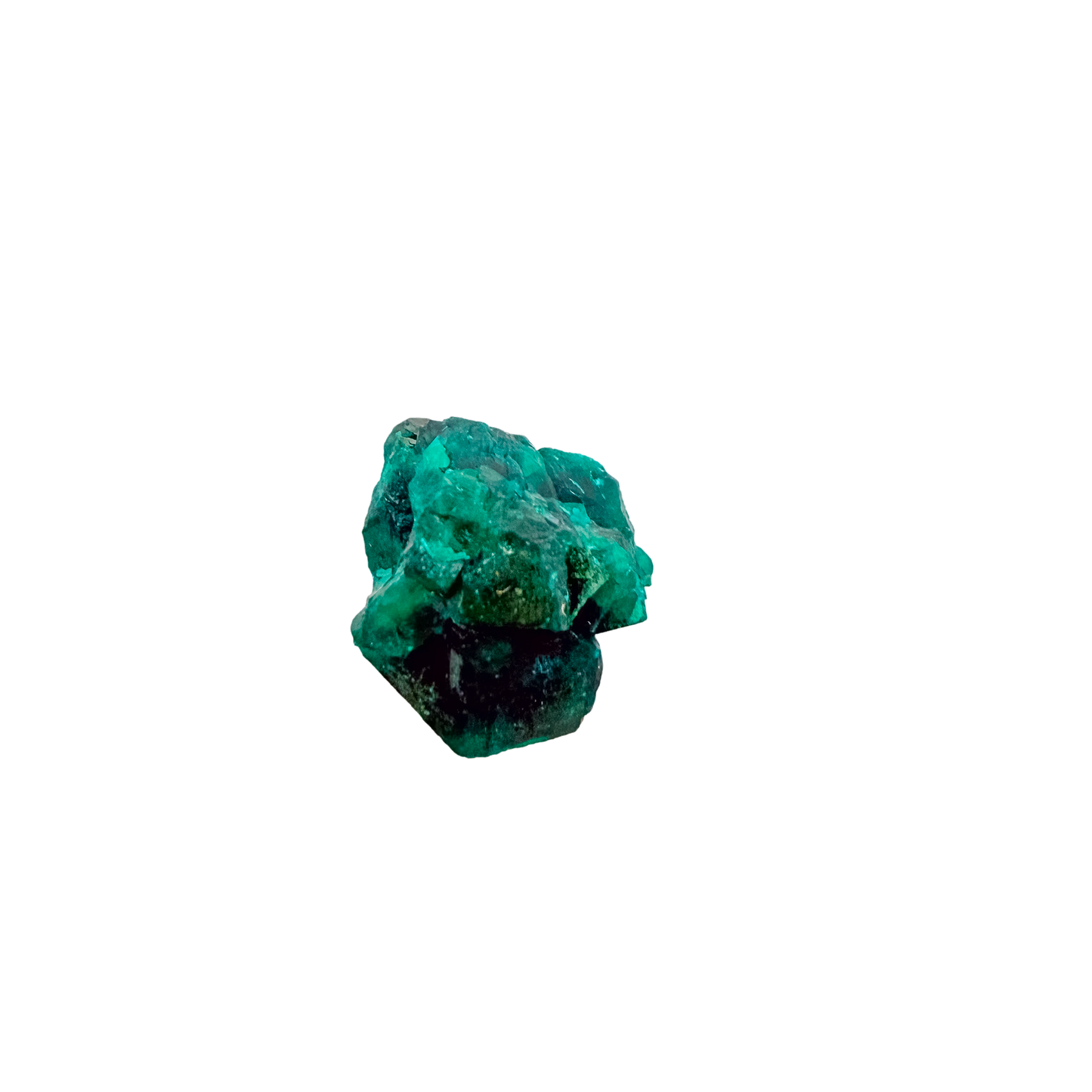 Dioptase crystals from a second side, the glassy green face at 8.1 g
