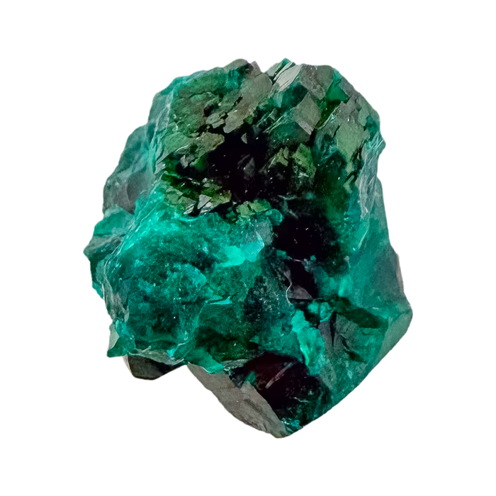 Dioptase specimen of 8.1 g from Renéville, its glassy green face shown on white