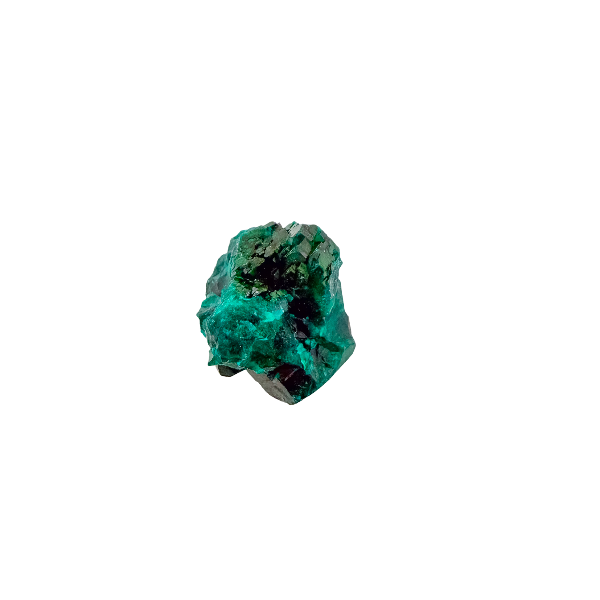 Dioptase specimen of 8.1 g from Renéville, its glassy green face shown on white
