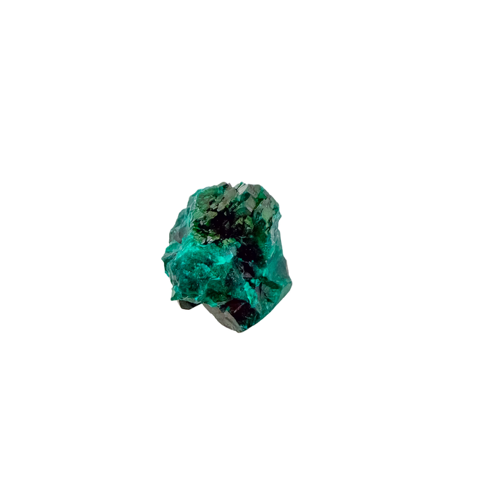 Dioptase specimen of 8.1 g from Renéville, its glassy green face shown on white