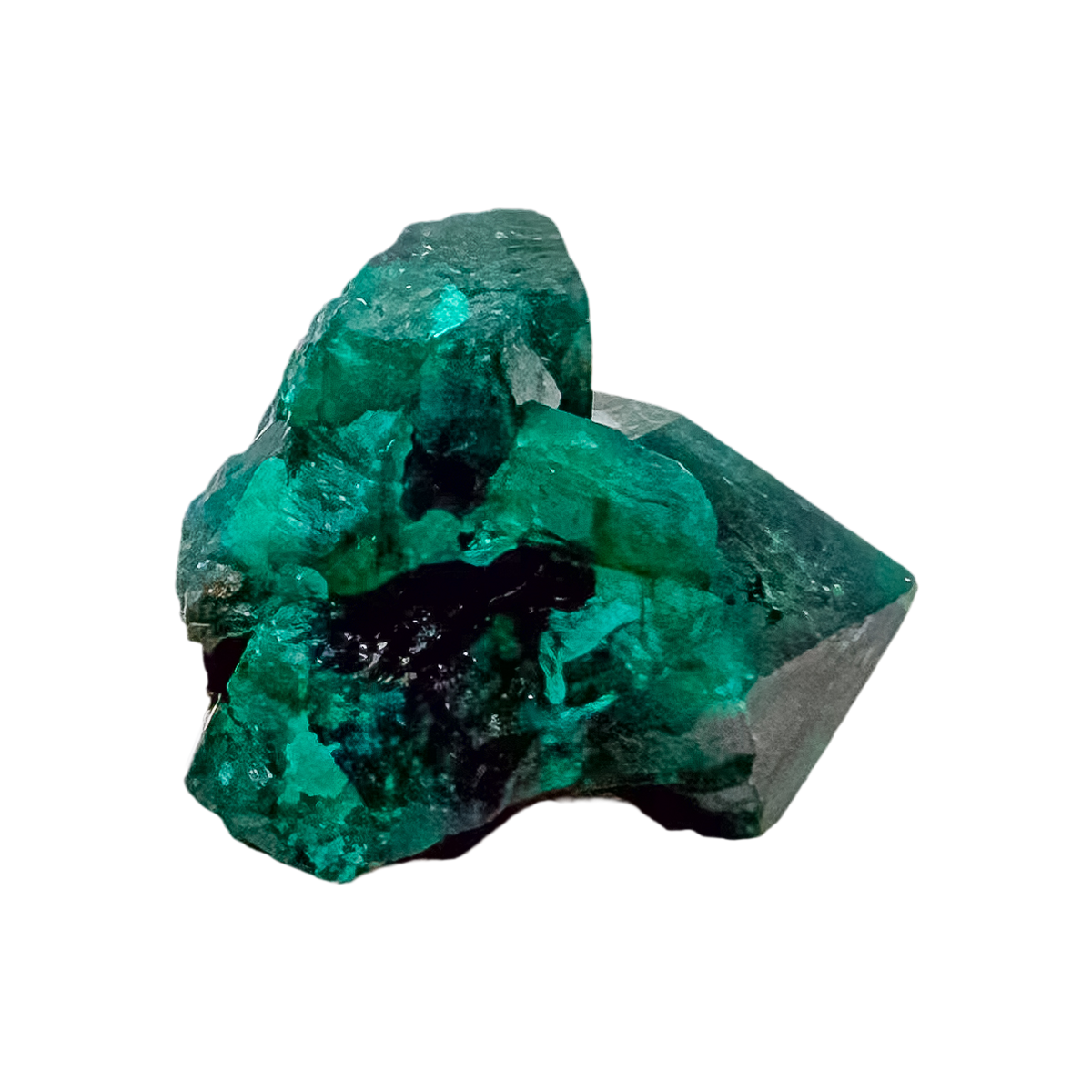 The glassy green face rotated to reveal crystal terminations, 8.1 g