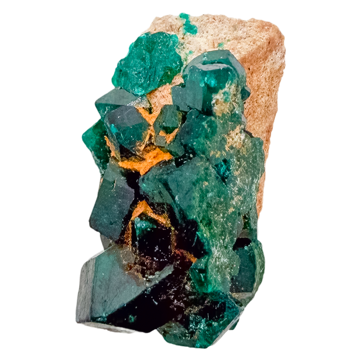 Emerald-green dioptase crystals crusting a 1.08 inch matrix, the narrow ridge from Renéville Congo