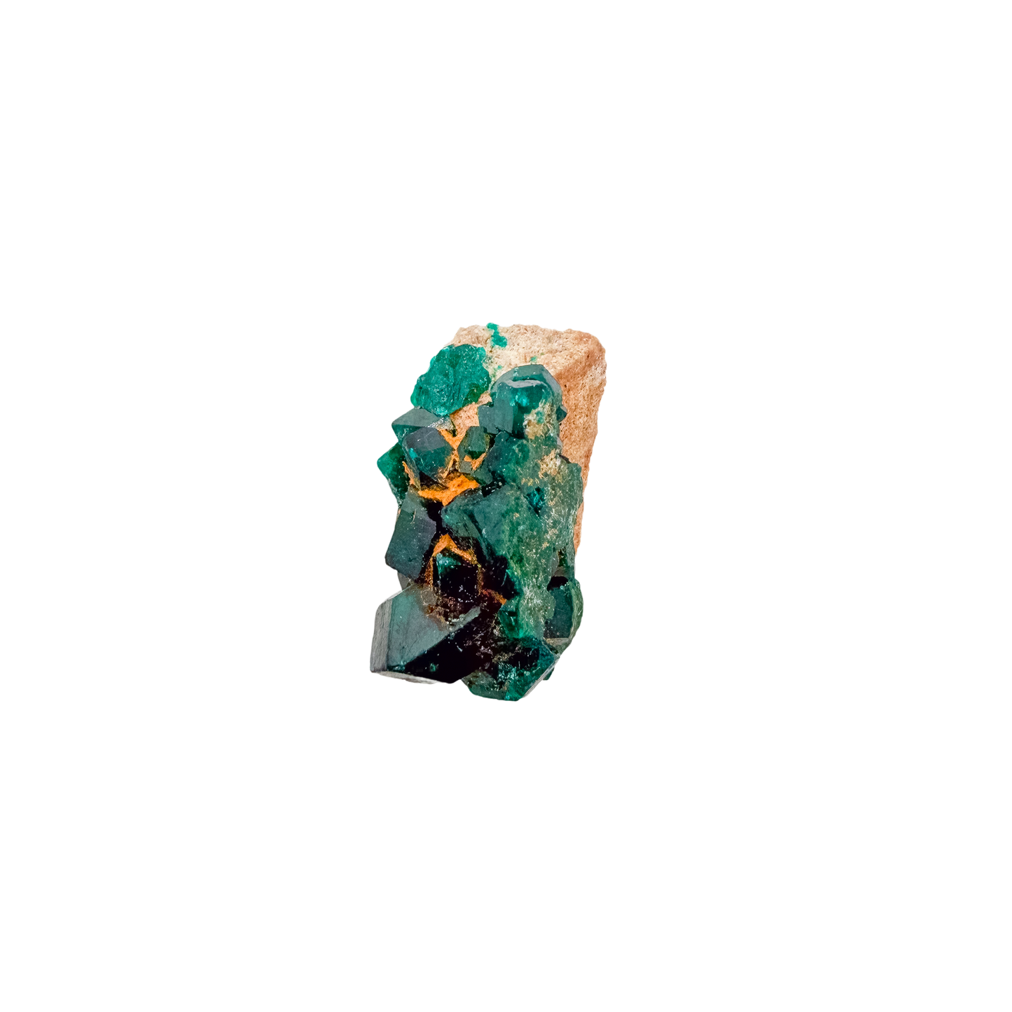 Emerald-green dioptase crystals crusting a 1.08 inch matrix, the narrow ridge from Renéville Congo