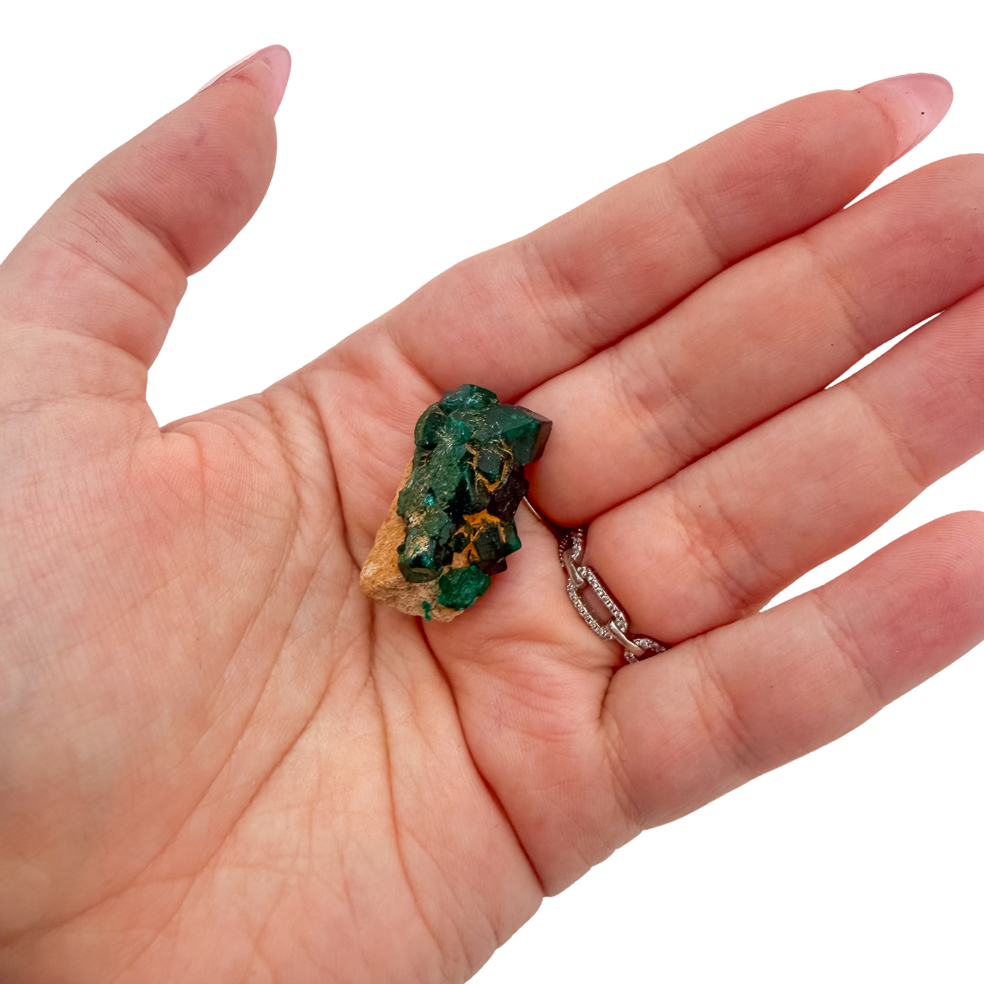 The narrow ridge held in a hand, showing the true scale of this 1.08 inch dioptase