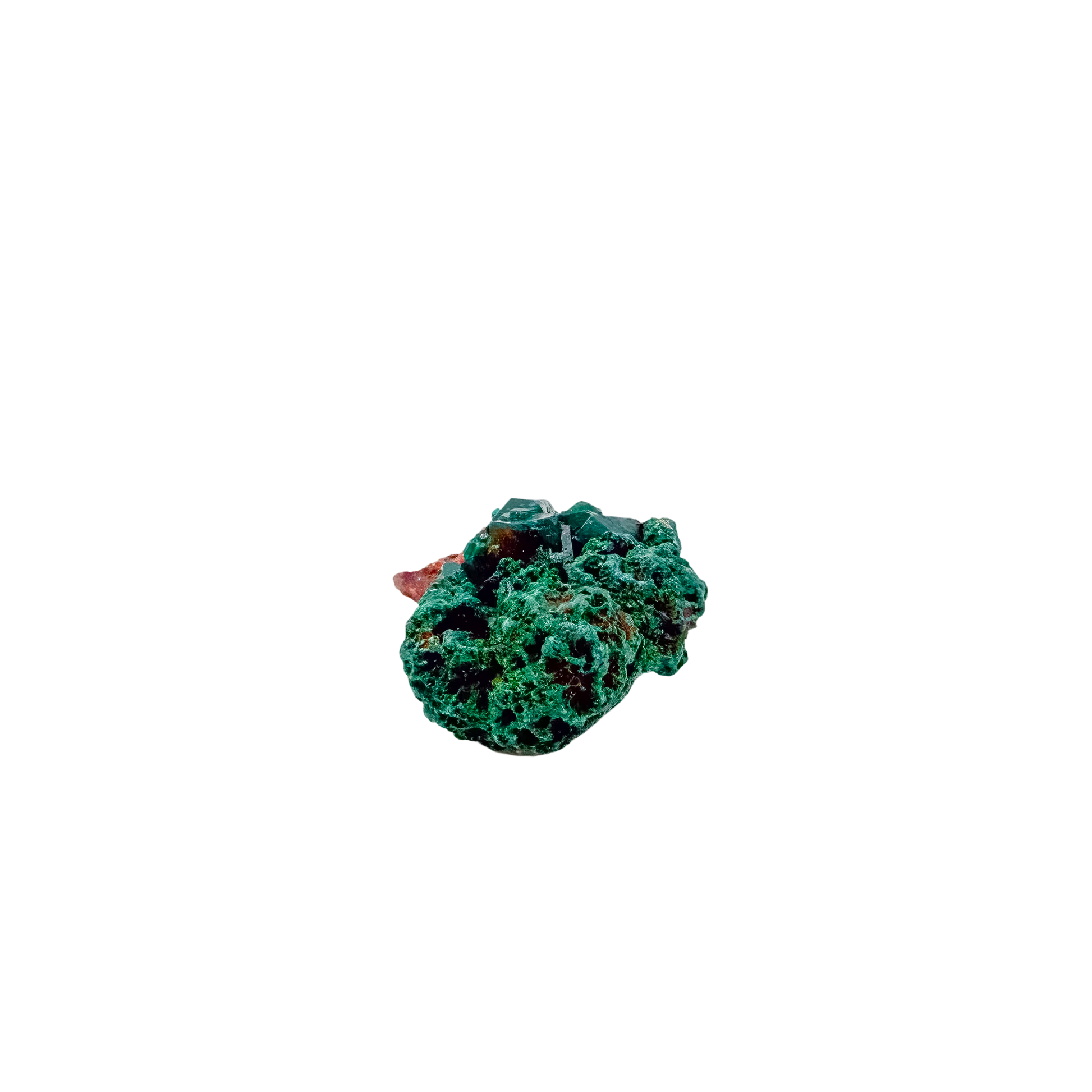 Raw Congolese dioptase, 8.3 g, copper-green crystal over host rock, the cubic thumbnail