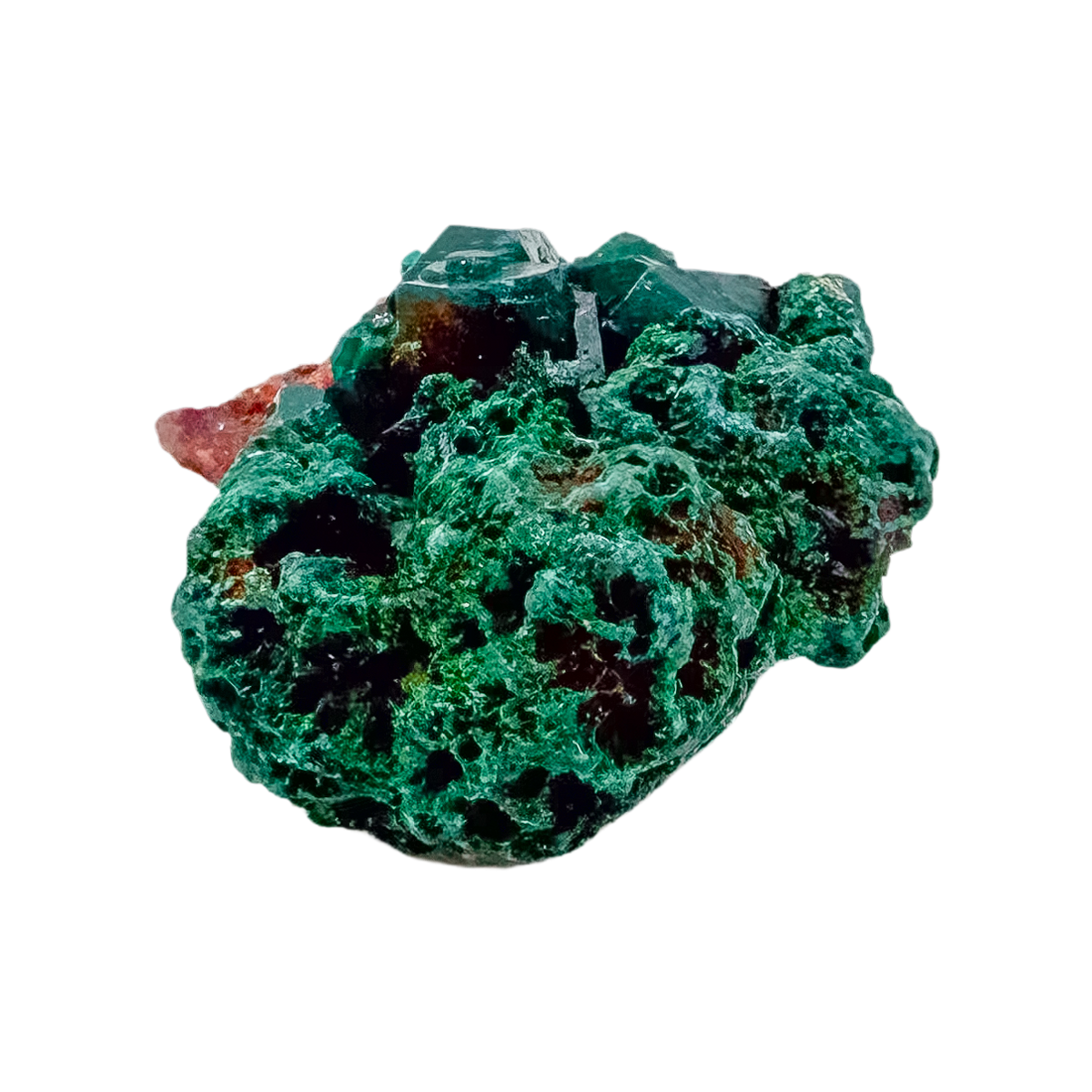 Raw Congolese dioptase, 8.3 g, copper-green crystal over host rock, the cubic thumbnail