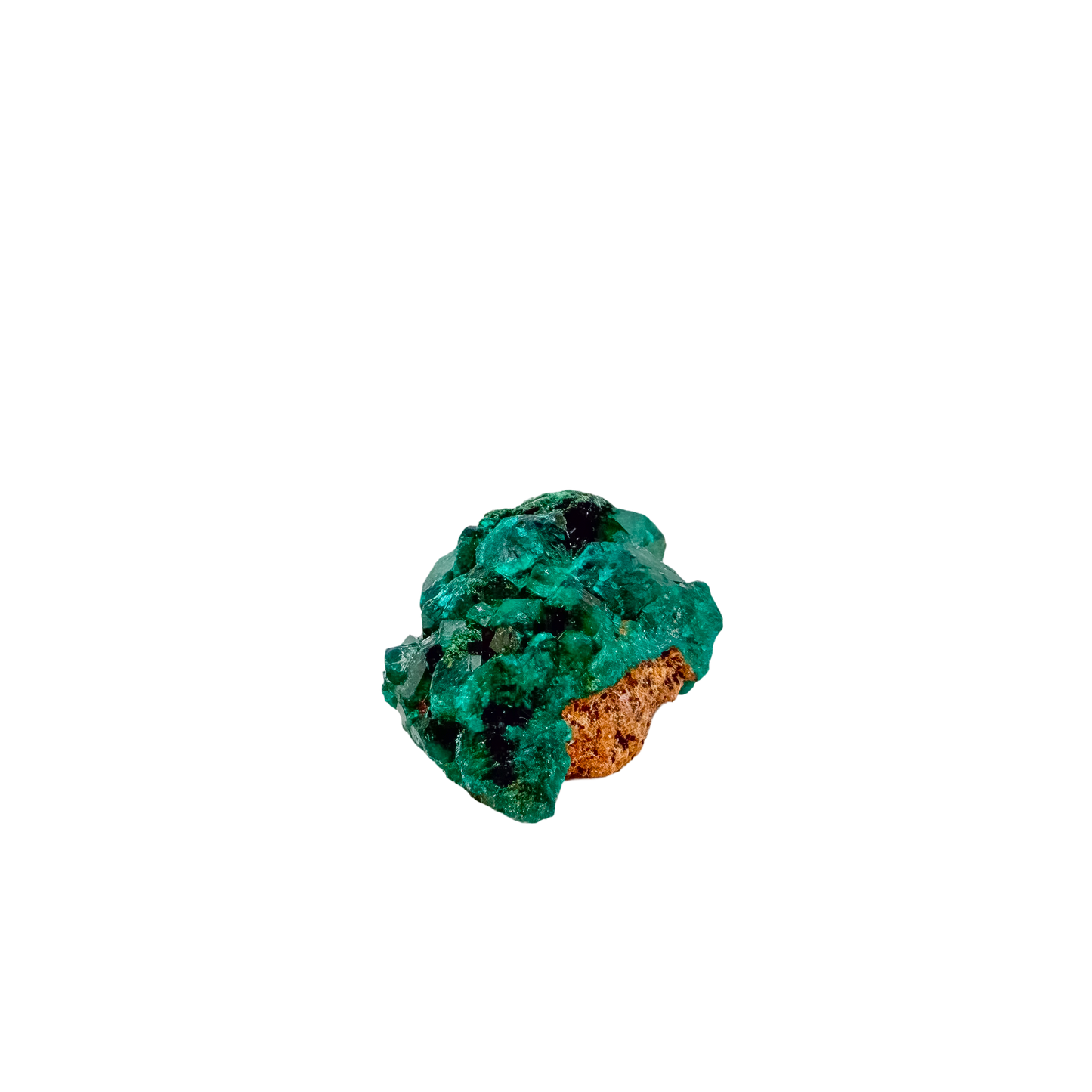Dioptase crystals from a second side, the slim flat piece at 8.6 g