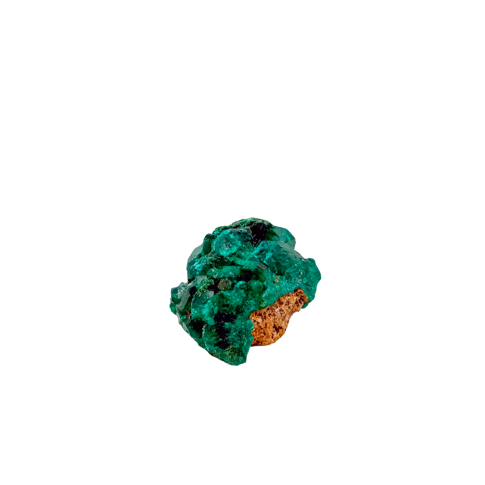 Dioptase crystals from a second side, the slim flat piece at 8.6 g