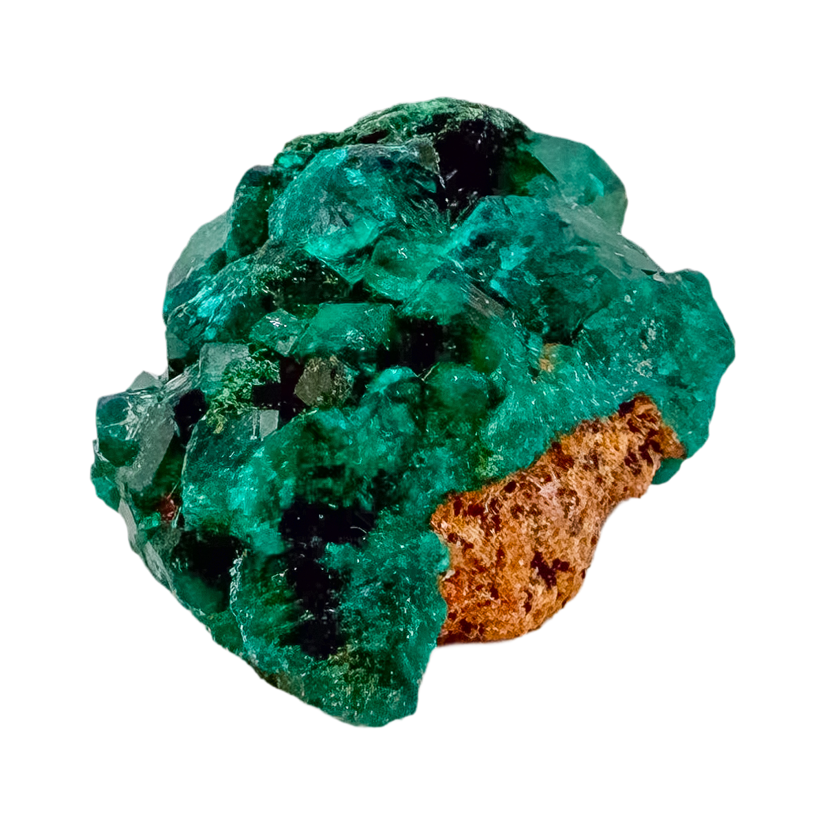 Dioptase crystals from a second side, the slim flat piece at 8.6 g
