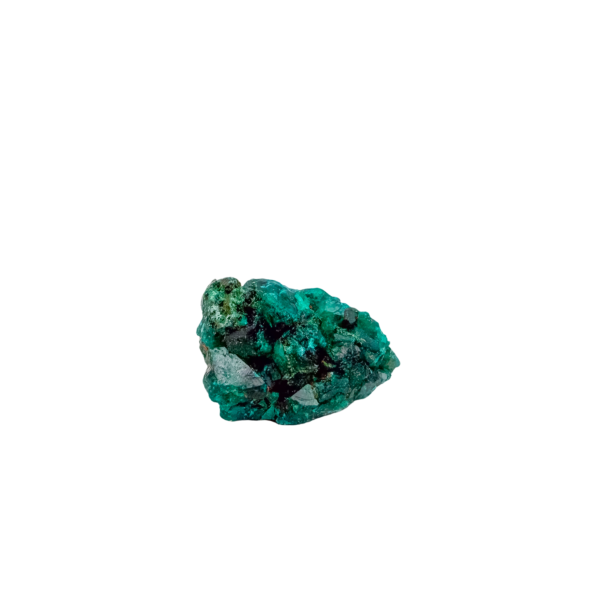 Fine dioptase druzy on the slim flat piece, 0.76 inches of coverage
